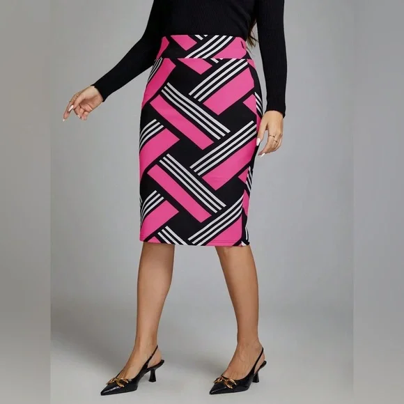 SHEIN Curve size 3X Casi Pink Black Geometric Clasi High Waist Color Block Skirt - Picture 4 of 6